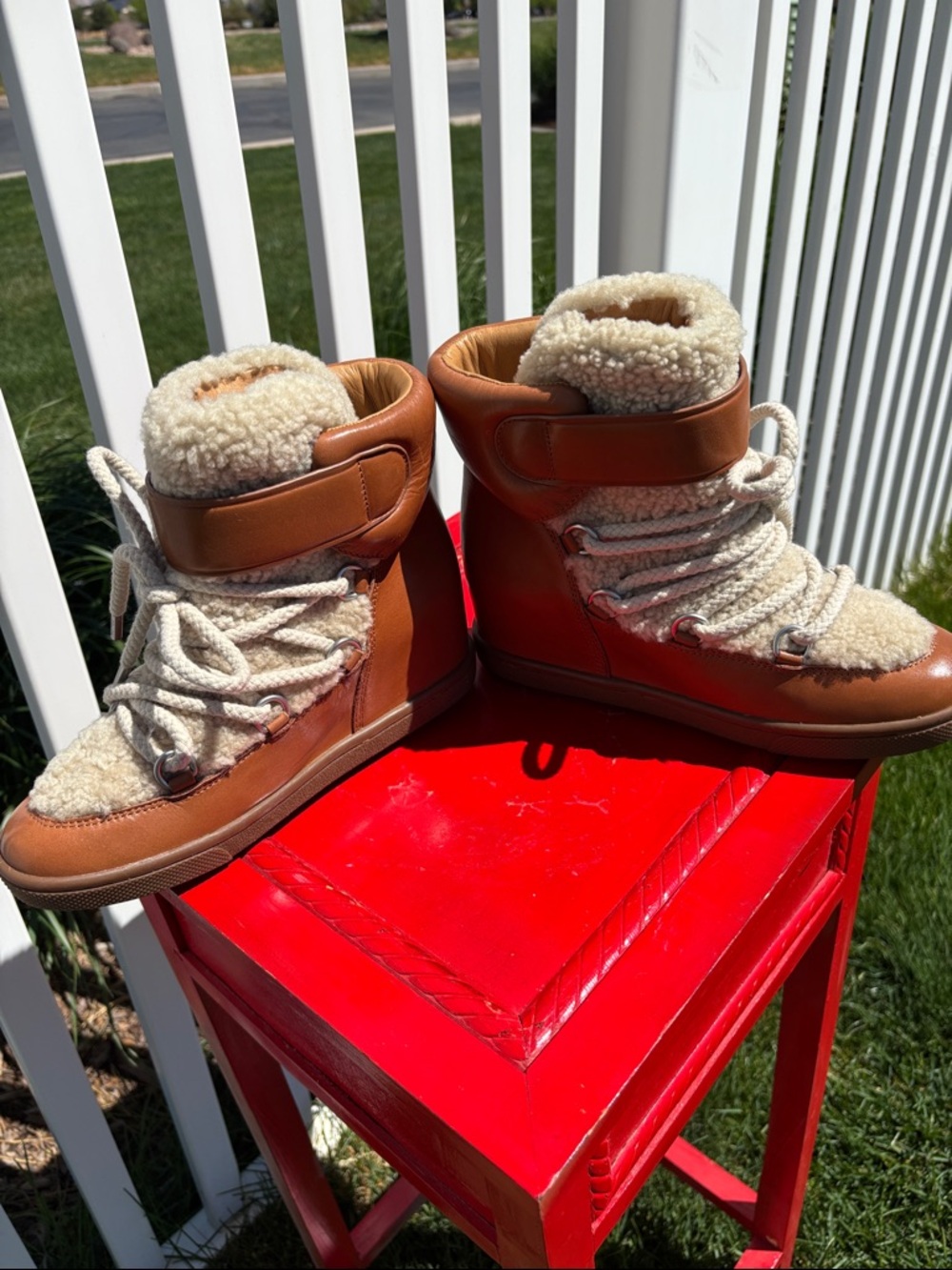 Coach Tan Shearling Monroe Wedge Booties, NWOB, Size 7.5 - Picture 6 of 7